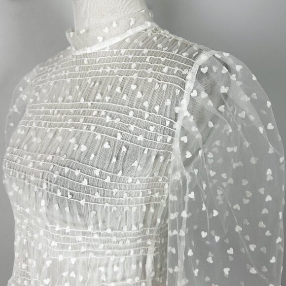 Women's White Sheer Mesh Top Ruched Felt Heart Print Size Small - Picture 2 of 3